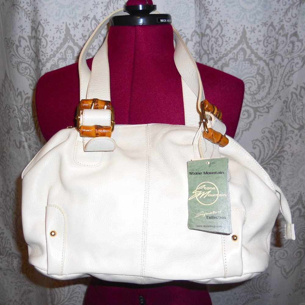 NWT Stone Mountain Off White Leather Satchel Faux Bamboo Buckles